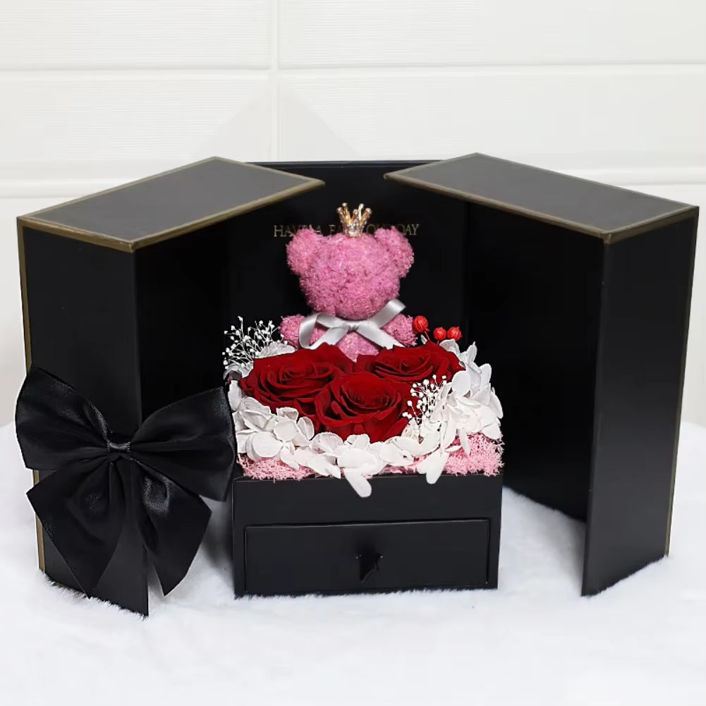 Black Eternal Rose Bear Gift Box with Drawer Design Wedding Anniversary Valentine'S Day Birthday Flower Gifts for Her