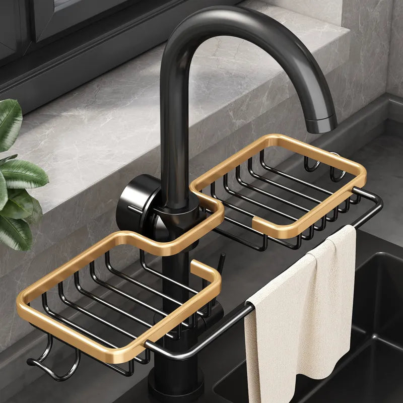 Decorative Kitchen Space Aluminum Sink Drain Rack Sponge Storage Faucet Holder Soap Drainer Shelf Basket Organizer Bathroom Accessories
