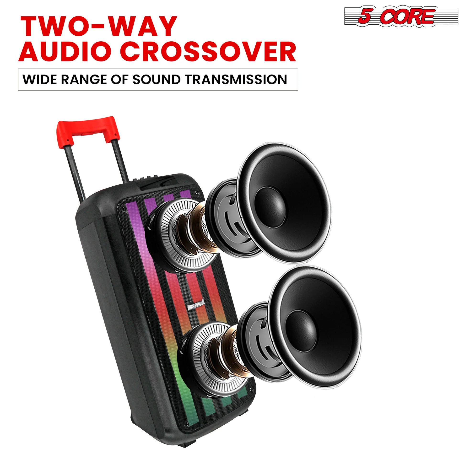 Two-Way Audio Crossover 5Core Bluetooth Party Speaker 8 Inch PA RGB Partybox Karaoke Machine + 2 Wireless Mic