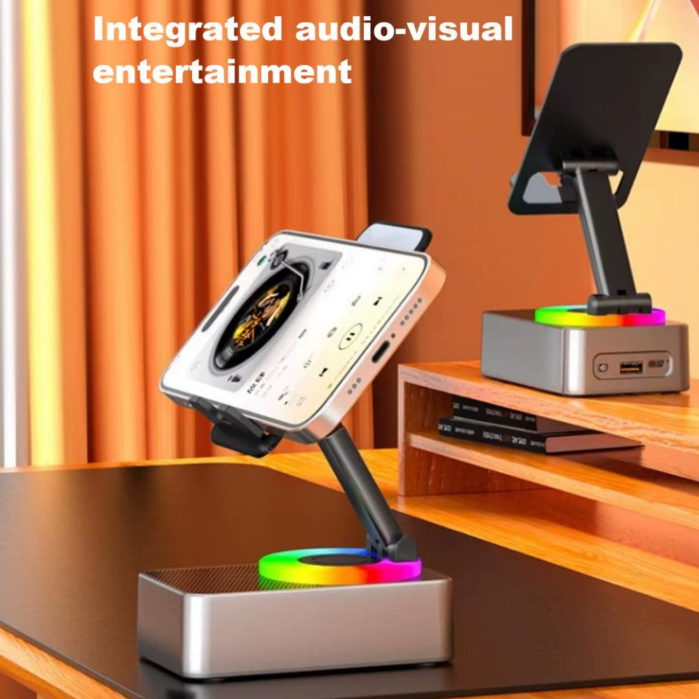 Integrated Audio Visual Entertainment Bluetooth Speaker Phone Holder - Adjustable Rotating Stand with Wireless Audio for Ultimate Convenience