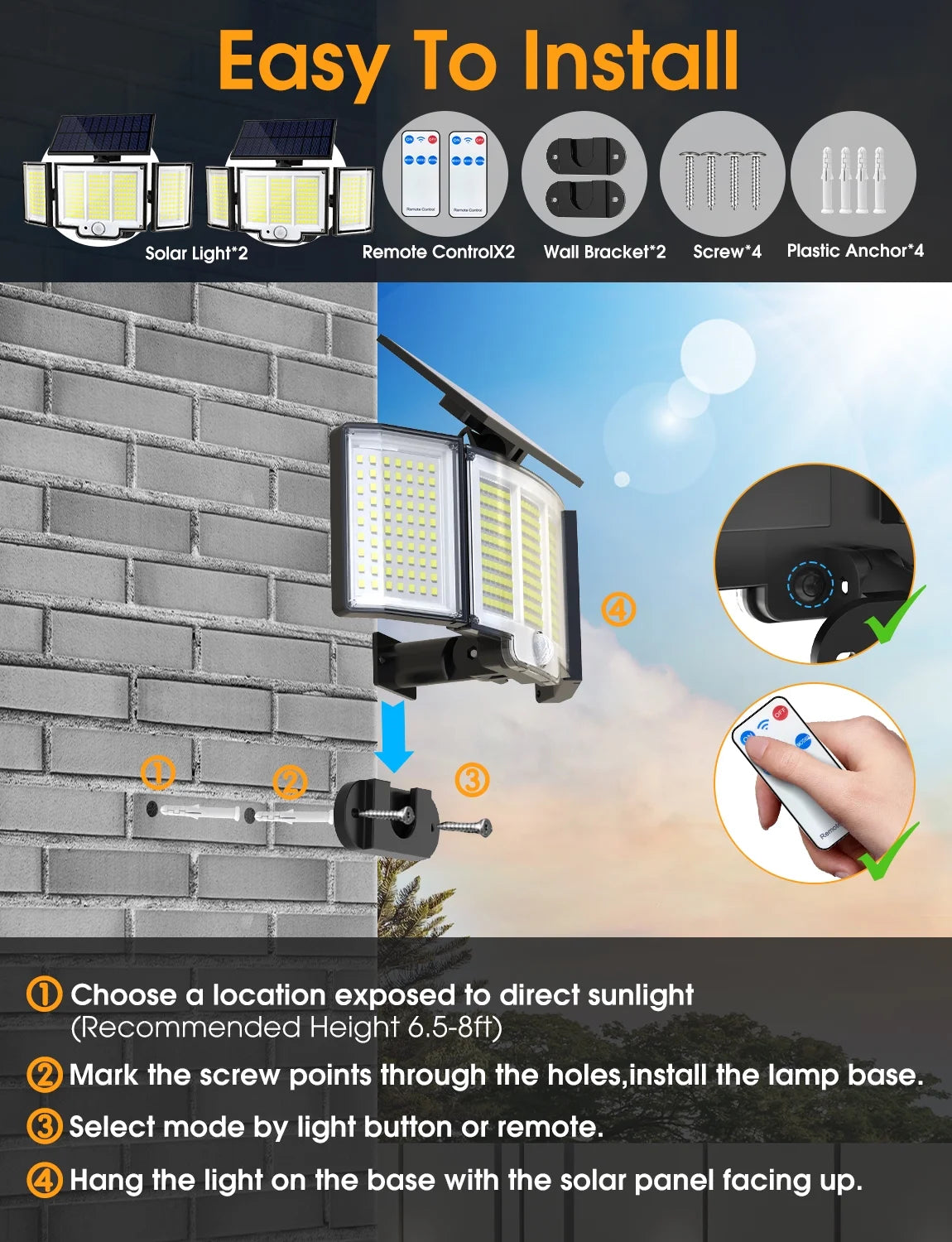 Easy to Install with step by step instruction Solar Lights Outdoor , 348 LED 3000LM Solar Motion Sensor Security Lights, Solar Flood Lights with Remote, 3 Lighting Modes Waterproof Solar Wall Lights for Yard,Garage,Patio Entryways, 2Pack