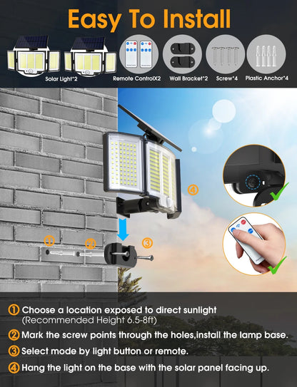 Easy to Install with step by step instruction Solar Lights Outdoor , 348 LED 3000LM Solar Motion Sensor Security Lights, Solar Flood Lights with Remote, 3 Lighting Modes Waterproof Solar Wall Lights for Yard,Garage,Patio Entryways, 2Pack