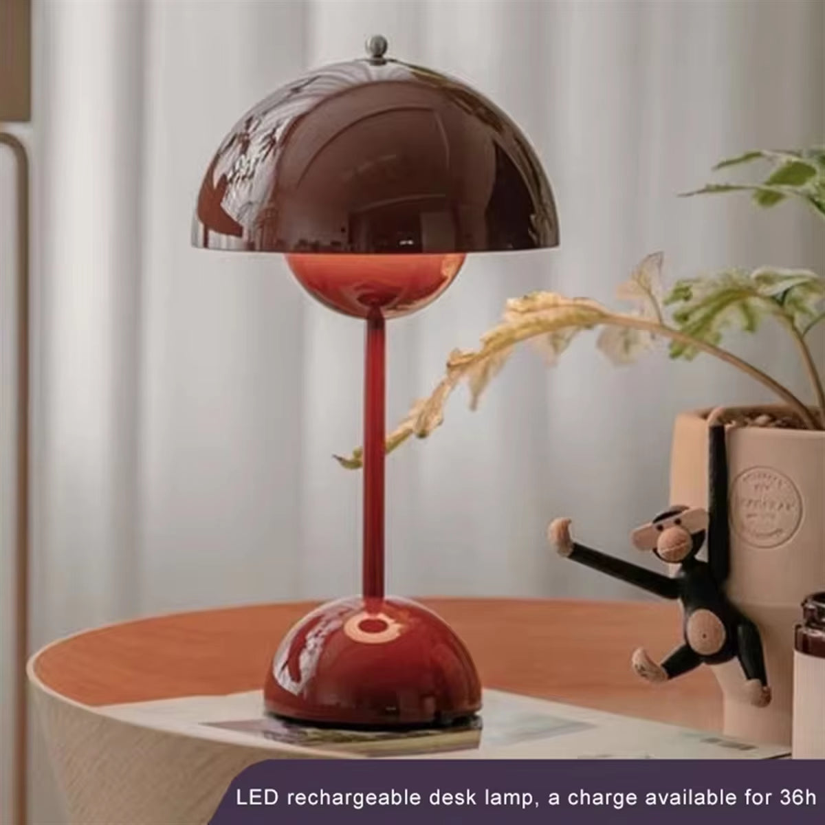 Burgundy Rechargeable AAAL Mushroom LED Table Lamp - Modern Touch Night Light for Bedroom & Dining Decor