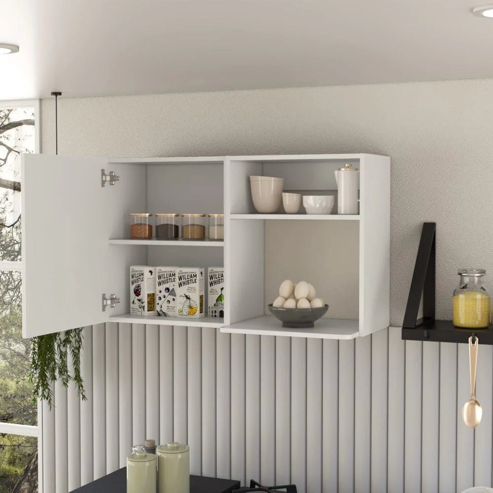 Kitchen Wall Cabinet Burwood, White Finish. 2 Sided Cabinet, One door and One Open Space