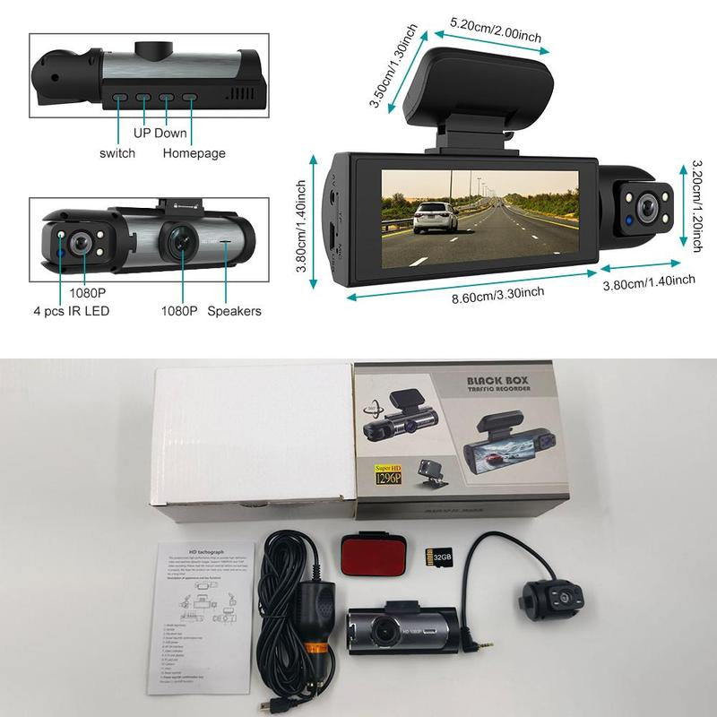 1080 P Car Dash Cam with Front and Rear Camera, 1 Count Car Dashboard Wide Angle Dash Cam with IR Night Vision, Loop Recording Car Camera with 32GB TF Card