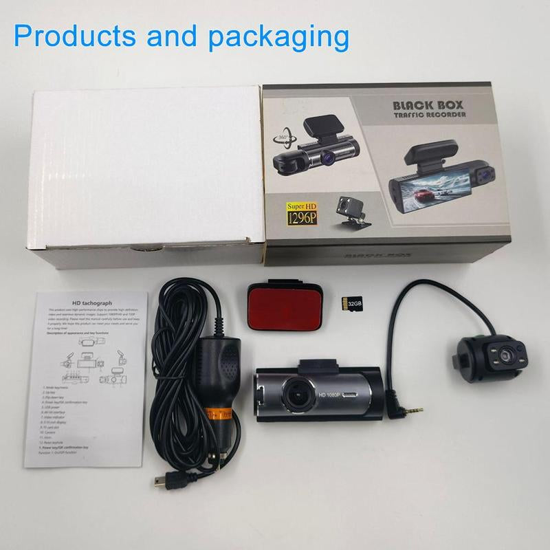 Car Dash Cam with Front and Rear Camera, 1 Count Car Dashboard Wide Angle Dash Cam with IR Night Vision, Loop Recording Car Camera with 32GB TF Card Traffic Recorder