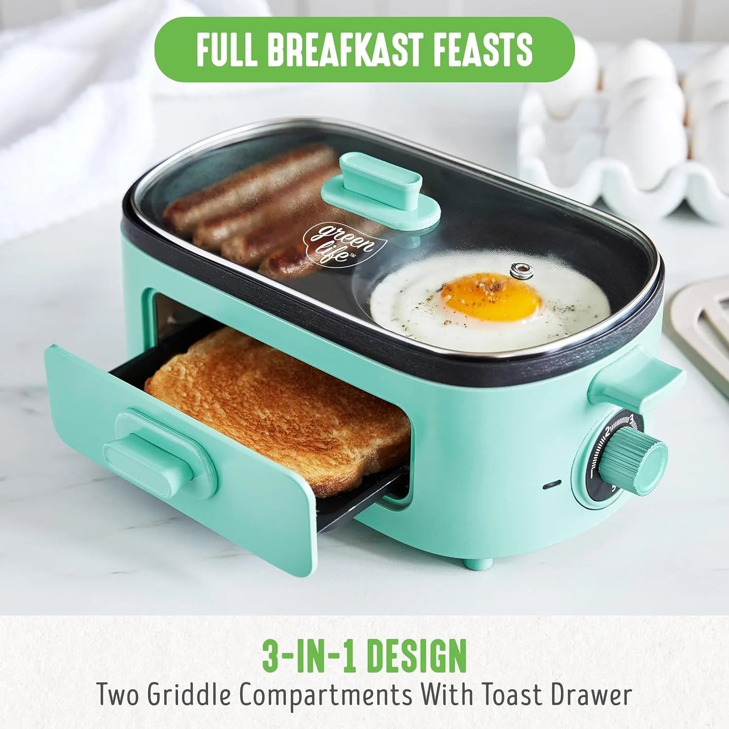 Two Griddle Compartments with Toast Drawer
3-In-1 Breakfast Maker Station, Ceramic Nonstick Dual Griddles & Breakfast Sandwiches, 2 Slice Toast Drawer, Turquoise
