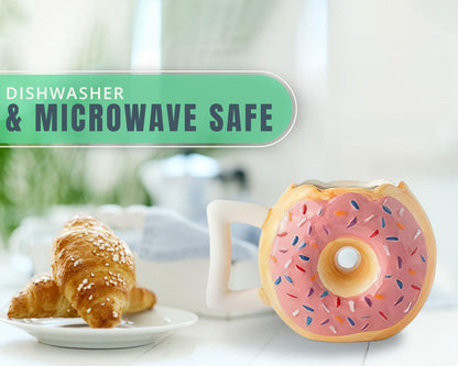 Microwavable and Dishwasher Safe Ceramic Donut Mug - Delicious Pink Glaze Doughnut with Sprinkles - Funny "MMM... Donuts!" Quote - Best Cup for Coffee, Tea, Hot Chocolate and More - Large 14 Oz - Funny Coffee Mug Gift - Pink