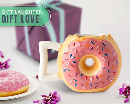 Ultimate Ceramic Donut Mug - Delicious Pink Glaze Doughnut with Sprinkles - Funny "MMM... Donuts!" Quote - Best Cup for Coffee, Tea, Hot Chocolate and More - Large 14 Oz - Funny Coffee Mug Gift - Pink