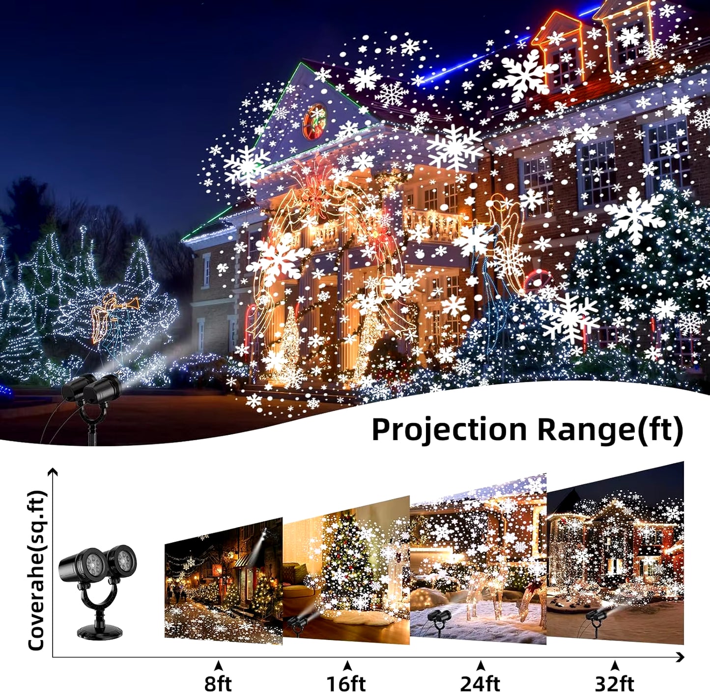 32ft Projection Range Outdoor Christmas Snowflake Black Projection Light, Waterproof Dual Head LED Light, Landscape Decoration, Lighting Projection Light