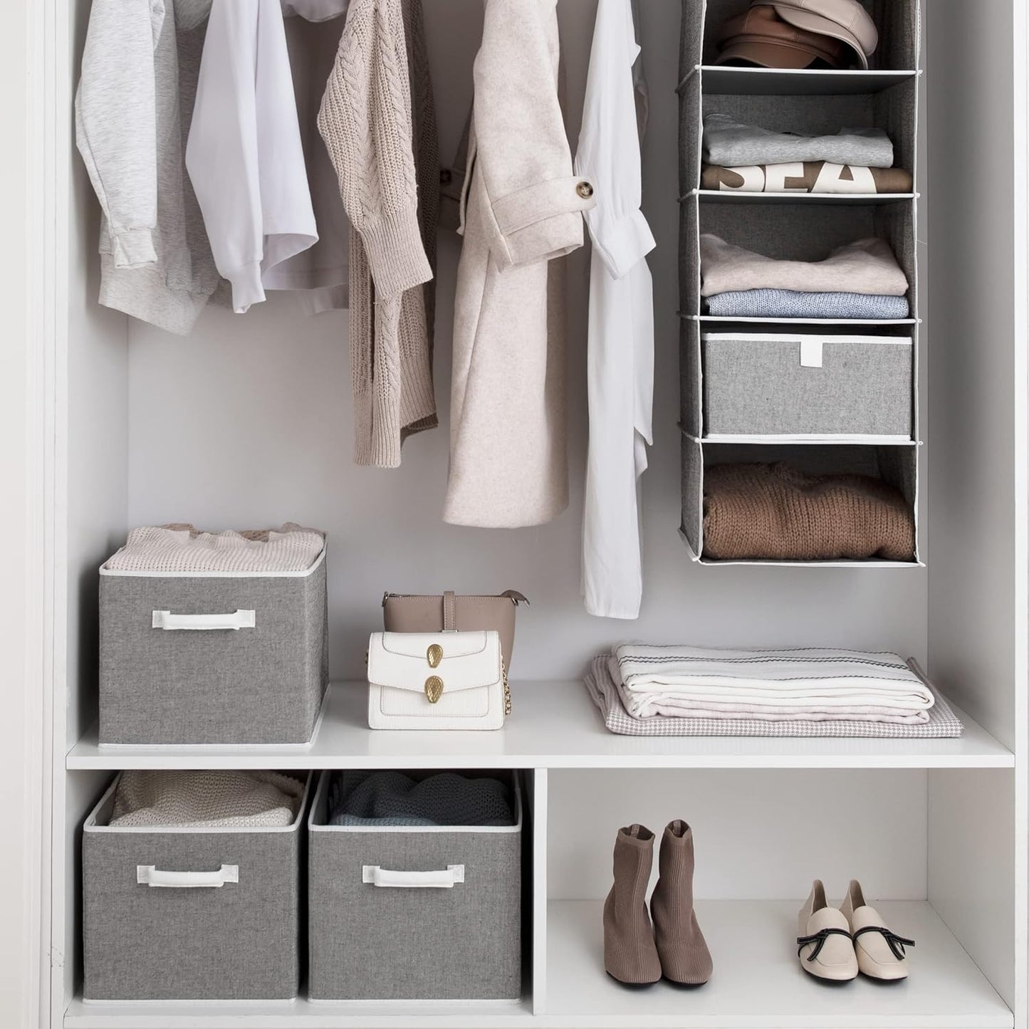 Multiuse 32L Closet Storage Baskets for Shelves, Jumbo Closet Organizers with Handles, Foldable Closet Baskets for Linen Closet, 3-Pack, Gray