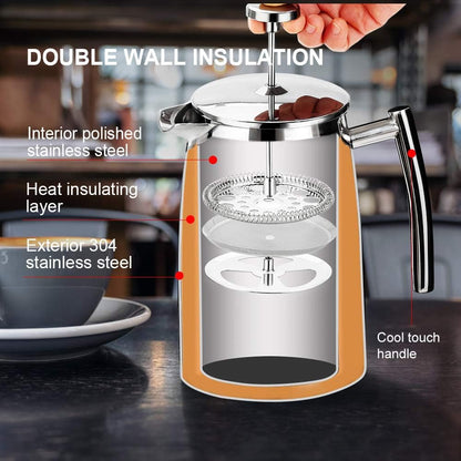 Double Wall Insulation French Press Coffee Maker, 50-Ounce, 304 Stainless Steel Insulated Coffee Press with Extra Screen, Cool Touch Handle,  Heat Insulating Layer, Exterior Stainless Steel with Double Wall Insulation.