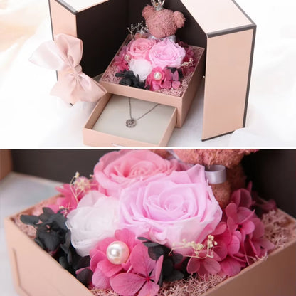 Colourful Roses Eternal Rose Bear Gift Box with Drawer Design Wedding Anniversary Valentine'S Day Birthday Flower Gifts for Her