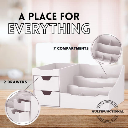 Multifunctional Cosmetic Storage Organizer - Sitting on Your Vanity, Bathroom Counter or Dresser - Easily Organize Your Cosmetics, Jewelry, Hair Accessories (White) Seven Compartments Two Drawers