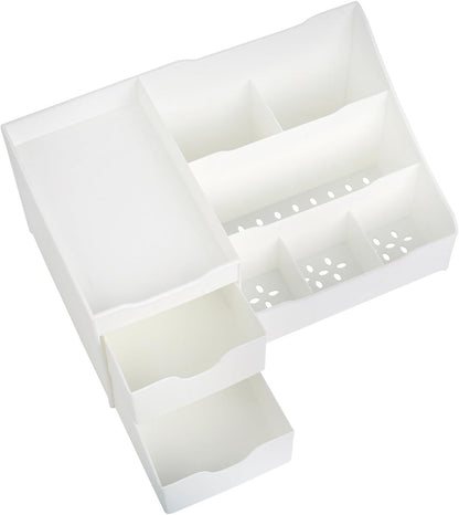Different Sized Compartment Cosmetic Storage Organizer - Sitting on Your Vanity, Bathroom Counter or Dresser - Easily Organize Your Cosmetics, Jewelry, Hair Accessories (White)