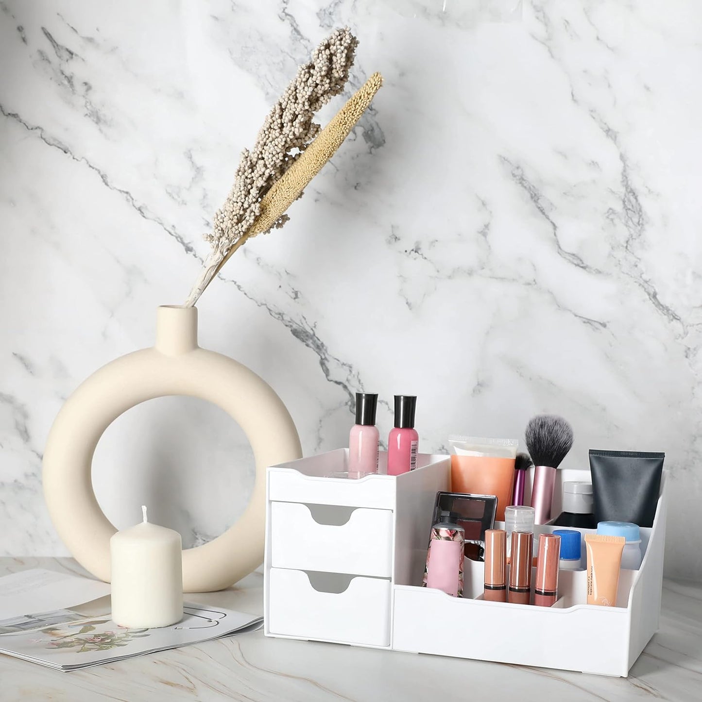 Various Items Cosmetic Storage Organizer - Sitting on Your Vanity, Bathroom Counter or Dresser - Easily Organize Your Cosmetics, Jewelry, Hair Accessories (White)