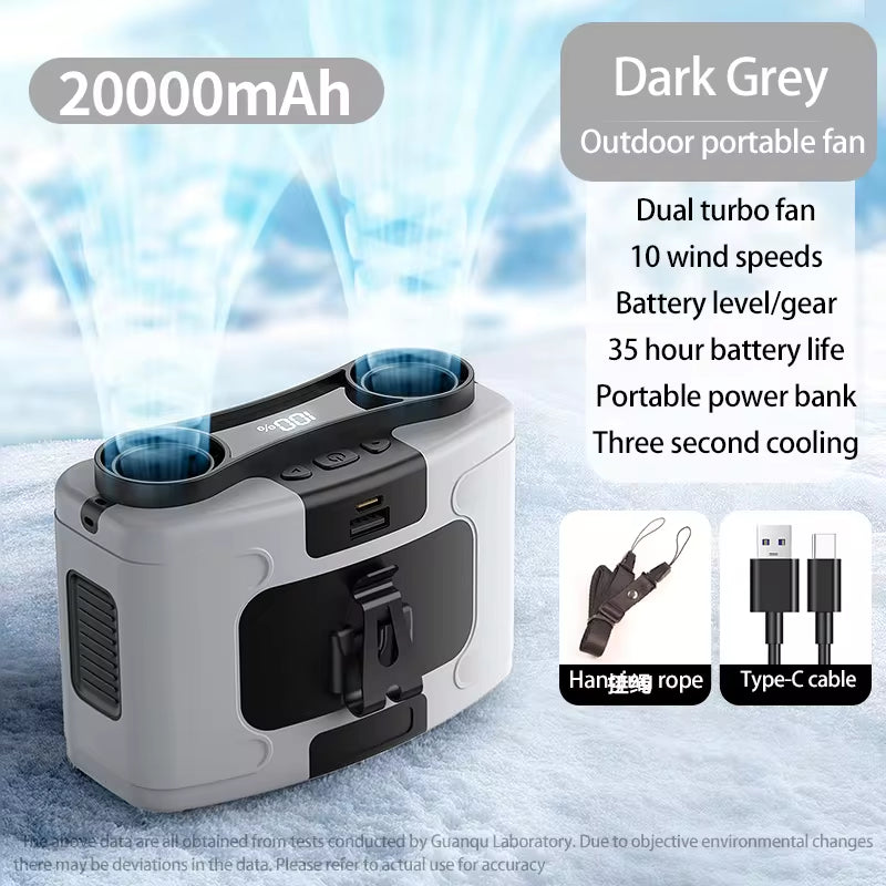 Dark Grey 20000mAh Outdoor Portable Waist Fan with Power Bank and LED Lighting for Sports and Outdoor Activities