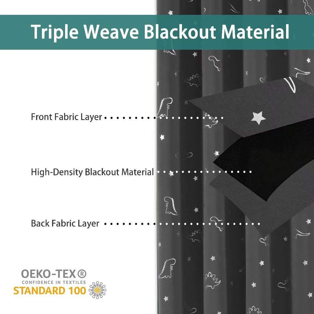 High-Density Blackout Material Dinosaur and Star Foil Print Blackout Curtains for Kids Room - Thermal Insulated Curtains Noise Reducing Window Drapes for Boys and Girls Bedroom, 52 X 63 Inch, Grey, Set of 2 Panels