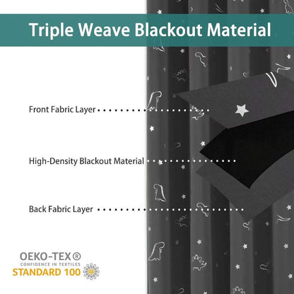 High-Density Blackout Material Dinosaur and Star Foil Print Blackout Curtains for Kids Room - Thermal Insulated Curtains Noise Reducing Window Drapes for Boys and Girls Bedroom, 52 X 63 Inch, Grey, Set of 2 Panels