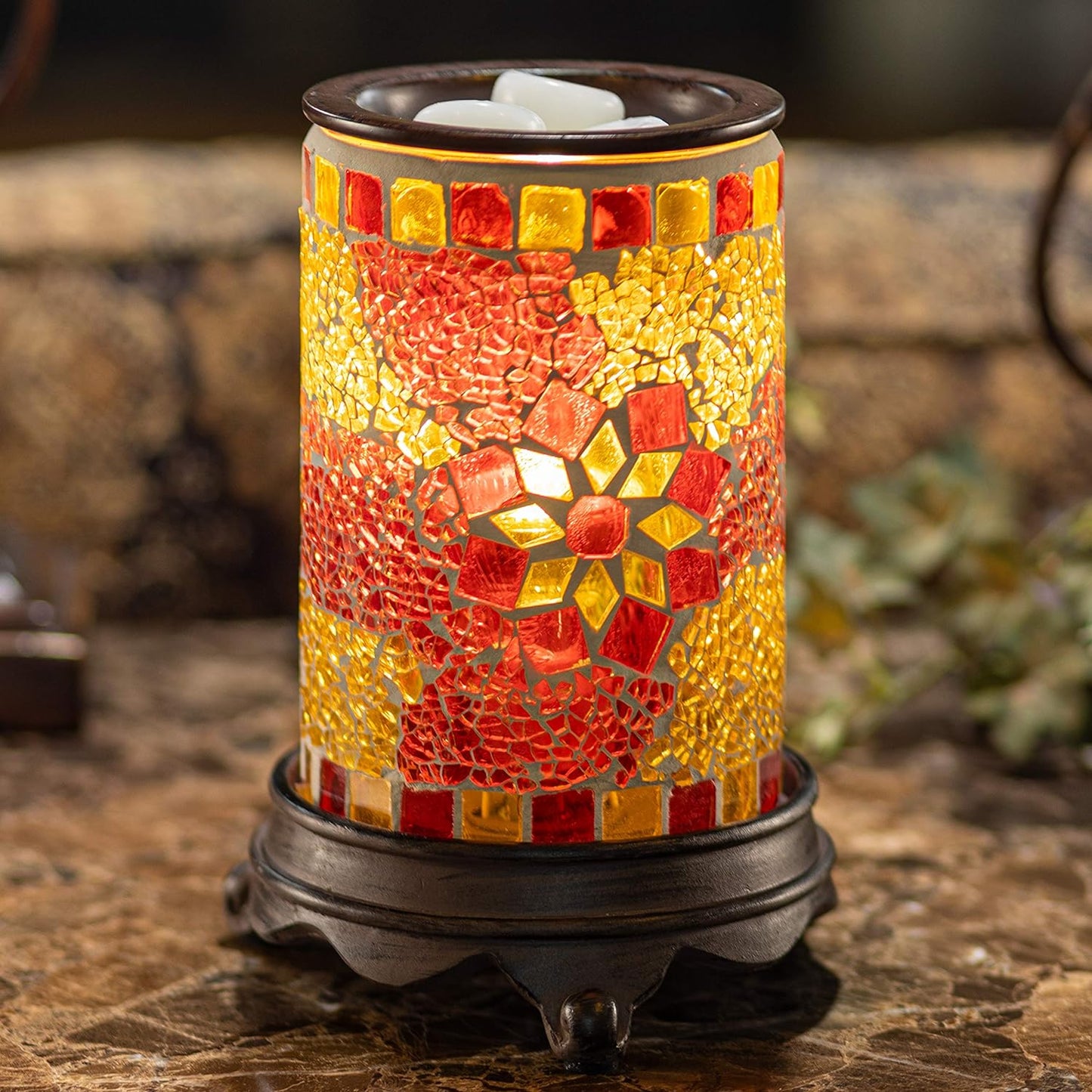 Decorative Wall Plug-In Wax Warmer for Scented Wax Mosaic Glass Ruby and Gold Electric Home Fragrance Warmer for Essential Oils Candle Wax Melts and Tarts Scent Warmer Night Light