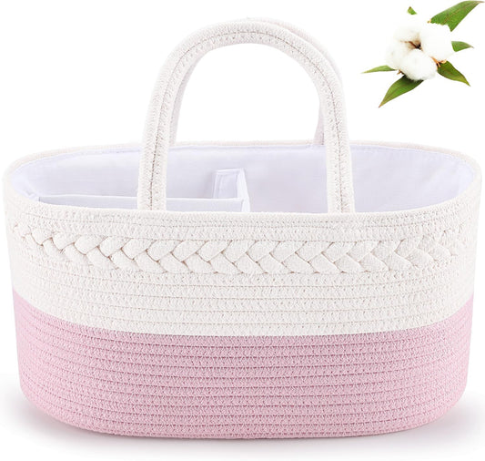 Diaper Caddy Organizer, Cotton Rope Nursery Baby Basket, Changing Table Organizer for Baby Diaper Storage, Diaper Nursery Storage Bin for Baby Stuff, Baby Shower Gifts for Girls, Pink