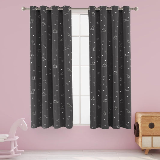 Dinosaur and Star Foil Print Blackout Nice Curtains for Kids Room - Thermal Insulated Curtains Noise Reducing Window Drapes for Boys and Girls Bedroom, 52 X 63 Inch, Grey, Set of 2 Panel