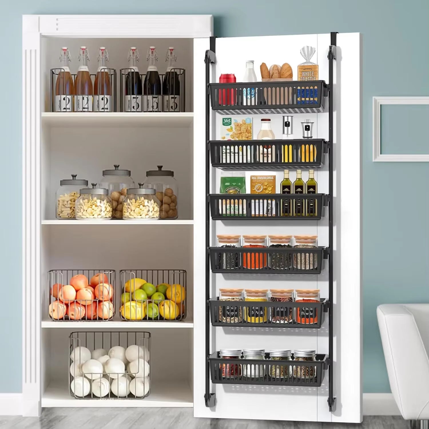 Multipurpose Pantry Door Organizer over the Door Pantry Organizer with 6-Tier Adjustable Baskets Heavy-Duty Metal Wall Mounted Over