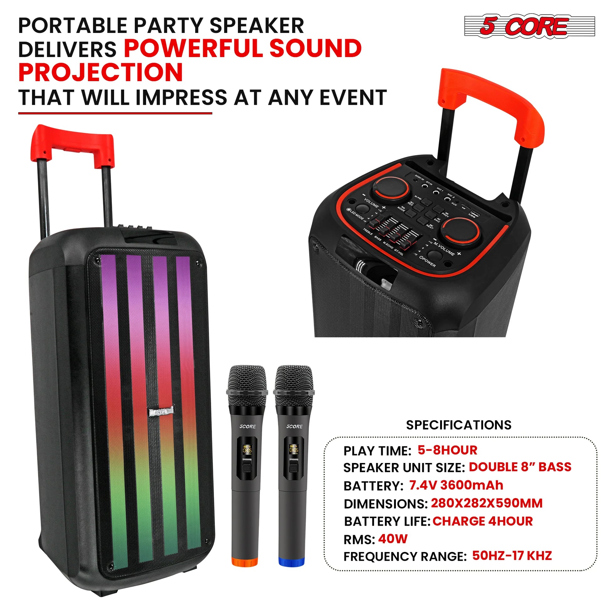 Powerful Sound Projection 5Core Bluetooth Party Speaker 8 Inch PA RGB Partybox Karaoke Machine + 2 Wireless Mic