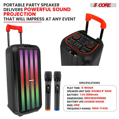 Powerful Sound Projection 5Core Bluetooth Party Speaker 8 Inch PA RGB Partybox Karaoke Machine + 2 Wireless Mic