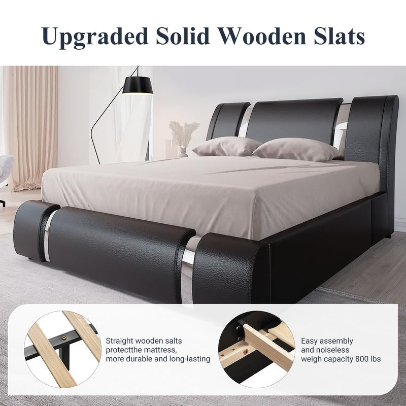 Durable Faux Leather Platform Bed Frame with Adjustable Headboard - Upgraded Solid Wooden Slats -