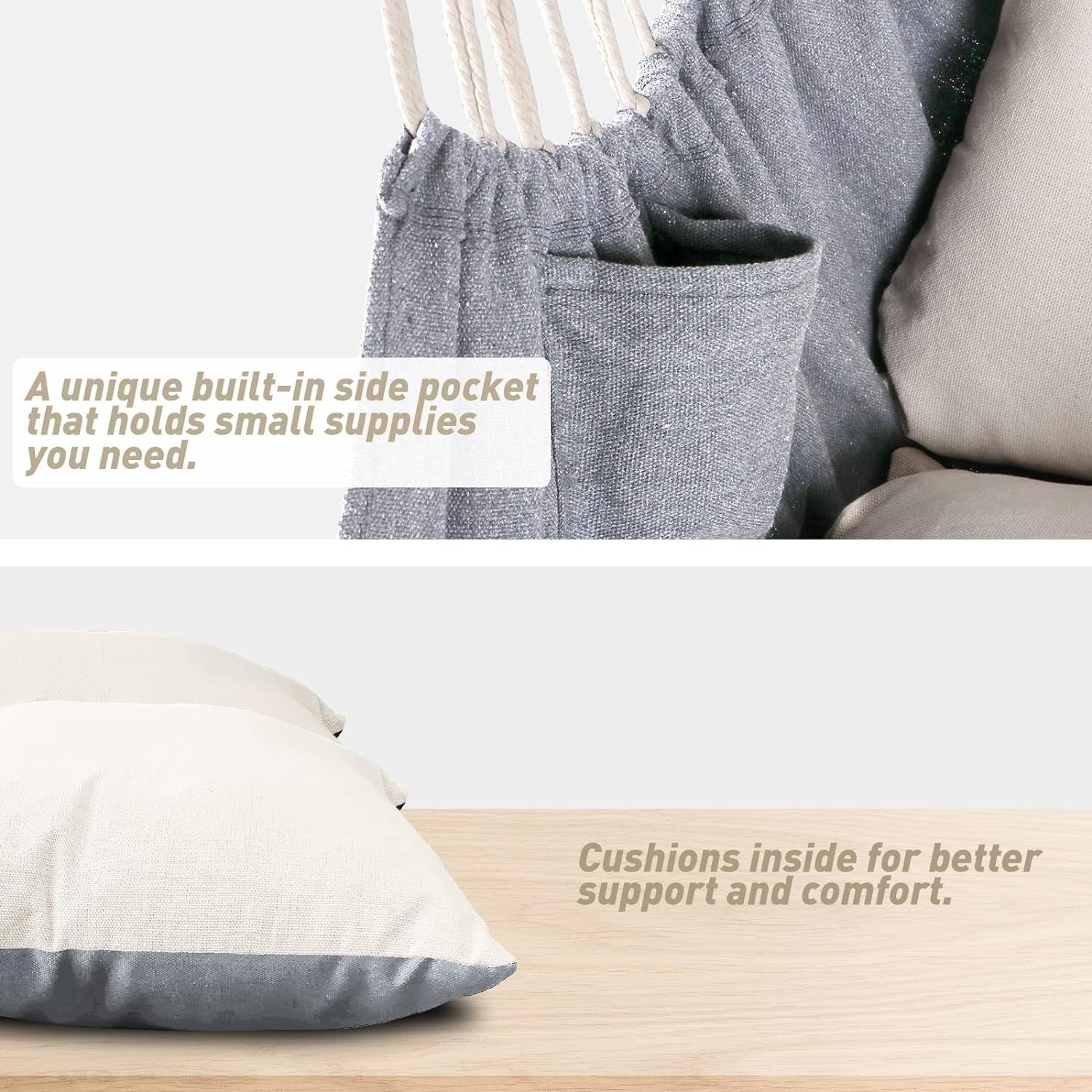 Built-in Side Pockets and Cushions for Better Support and Comfort
Hammock Chair Hanging Swing Max 500 Lbs 2 Cushions Included Steel Spreader Bar with Anti-Slip Grooves Portable Hanging Chair Side Pocket Large Macrame Bohemian Chair Indoor Outdoor