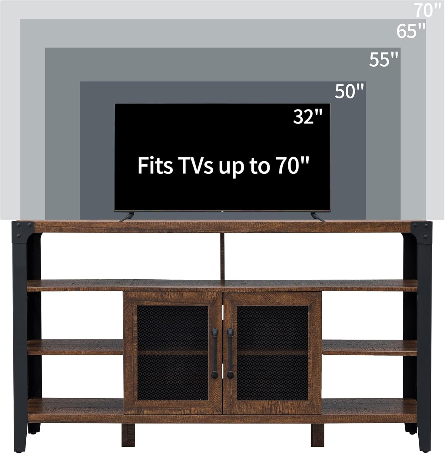Fits TVs up to 70" 
TV Stand Industrial Rustic Entertainment Center for 65 Inch TV, 33" Tall Wood Media TV Console Cabinet Table W/Soundbar Shelf & 2" Wide Metal X-Frame for Living Room, Reclaimed Barnwood Color