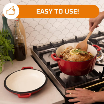 Easy to Use 2-In-1 Pre-Seasoned Cast Iron Dutch Oven with Skillet Lid - 5 Qt round Cast Iron Pot for Bread, Casserole, Braising - Heavy Duty Enamel Cookware Set, Double Dutch Oven - 13.5 X 7-Inch, Black