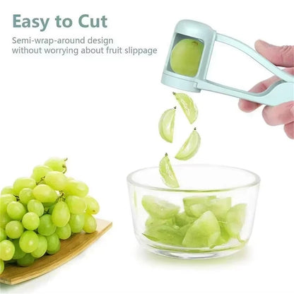 Semi-wrap around design without fruit slippage Effortless Fruit Slicer Cutter - Perfect for Grape, Cherry Tomato, and Salad Prep! Ideal Kitchen Gadget for Toddlers and Easy Meal Prep.