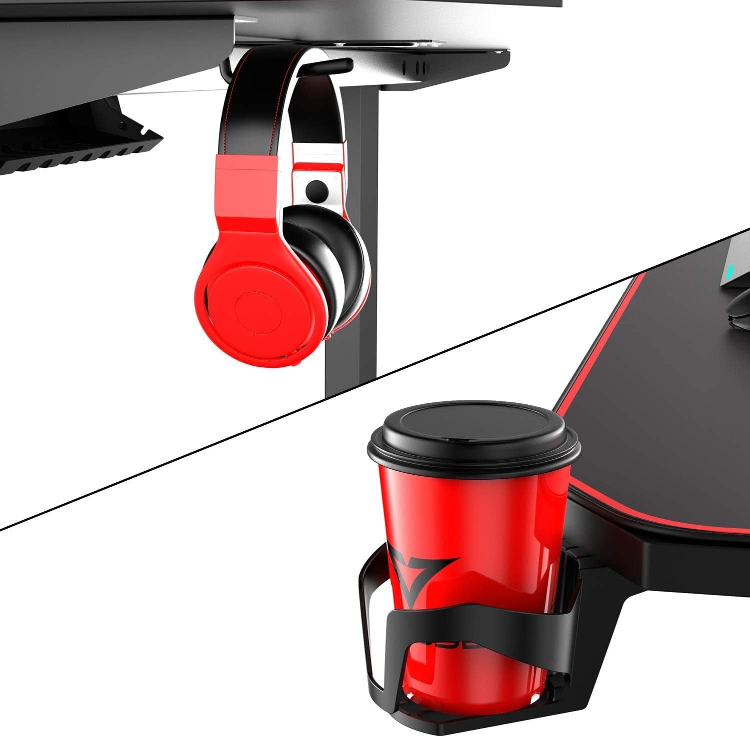 Cup Holder and Rack attached Ergonomic Gaming Desk 55 Inch, T Shaped Office PC Computer Desk with Desk Mouse Pad, Gamer Tables with Gaming Handle Rack, Cup Holder Headphone Hook
