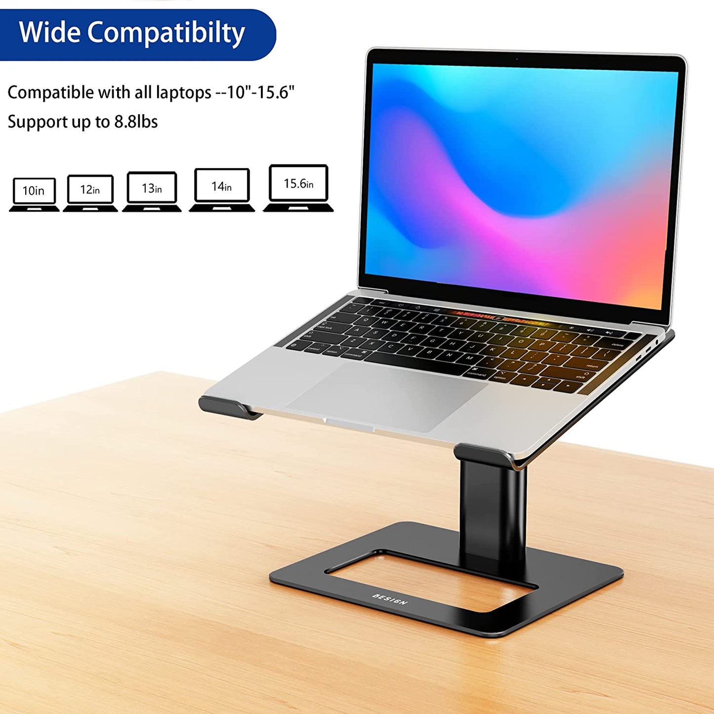 Wide Compatibility Aluminum Laptop Stand, Ergonomic Adjustable Notebook Stand, Riser Holder Computer Stand Compatible with Air, Pro, Dell, HP, Lenovo More 10-15.6" Laptops (Black)