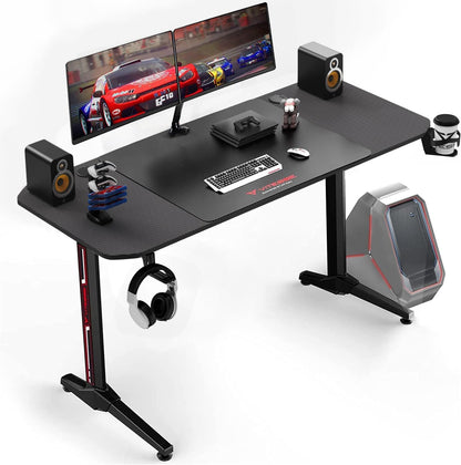 Ergonomic Gaming Desk 55 Inch, T Shaped Office PC Computer Desk with Desk Mouse Pad, Gamer Tables with Gaming Handle Rack, Cup Holder Headphone Hook