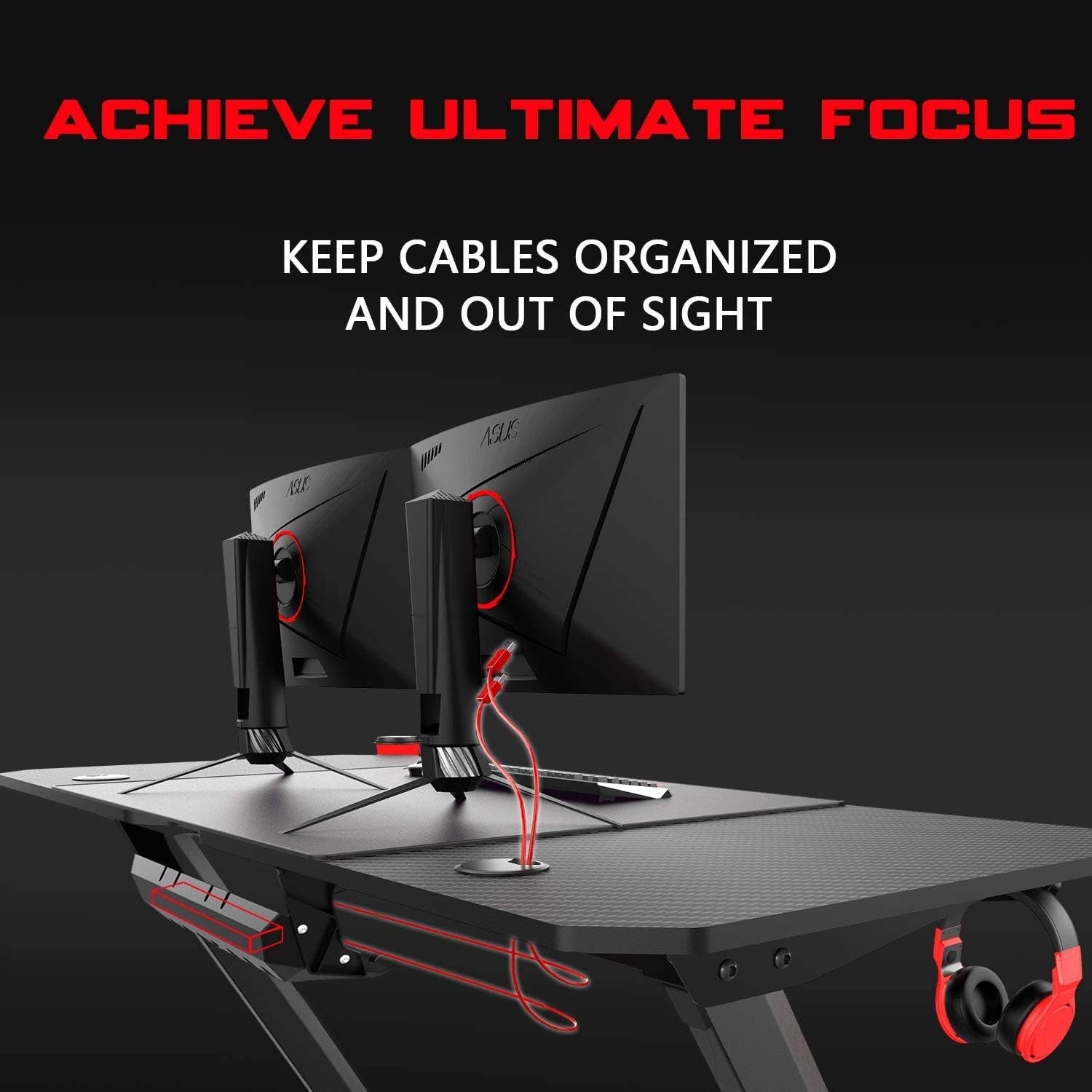 Includes Cable Space to Keep Desk Organized 55 Inch Ergonomic Gaming Desk, Z-Shaped Office PC Computer Desk with Large Mouse Pad, Gamer Tables Pro with USB Gaming Handle Rack, Stand Cup Holder&Headphone Hook (Black, 55 Inch)
