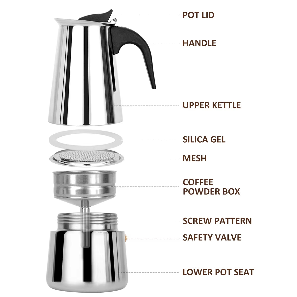Easy to assemble coffee maker

Espresso Maker Induction Coffee Maker Stainless Steel Stovetop Coffee Maker Moka Pot Coffee Maker Pot Suitable for Home Camping