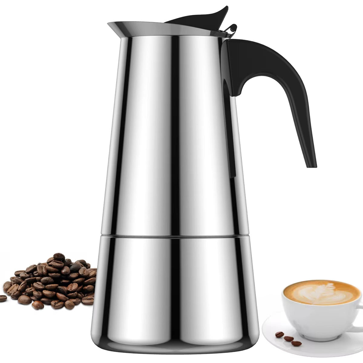 Silver Espresso Maker Induction Coffee Maker with Black Handle
Suitable for Home Camping and Internal Use

Ideal for creamy coffee and able to crush raw coffee