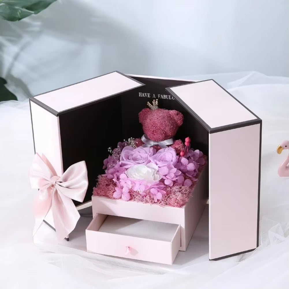 Eternal Rose Pink Bear Gift Box with Drawer Design Wedding Anniversary Valentine'S Day Birthday Flower Gifts for Her