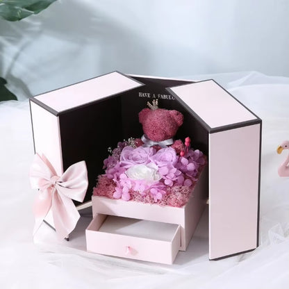 Eternal Rose Pink Bear Gift Box with Drawer Design Wedding Anniversary Valentine'S Day Birthday Flower Gifts for Her