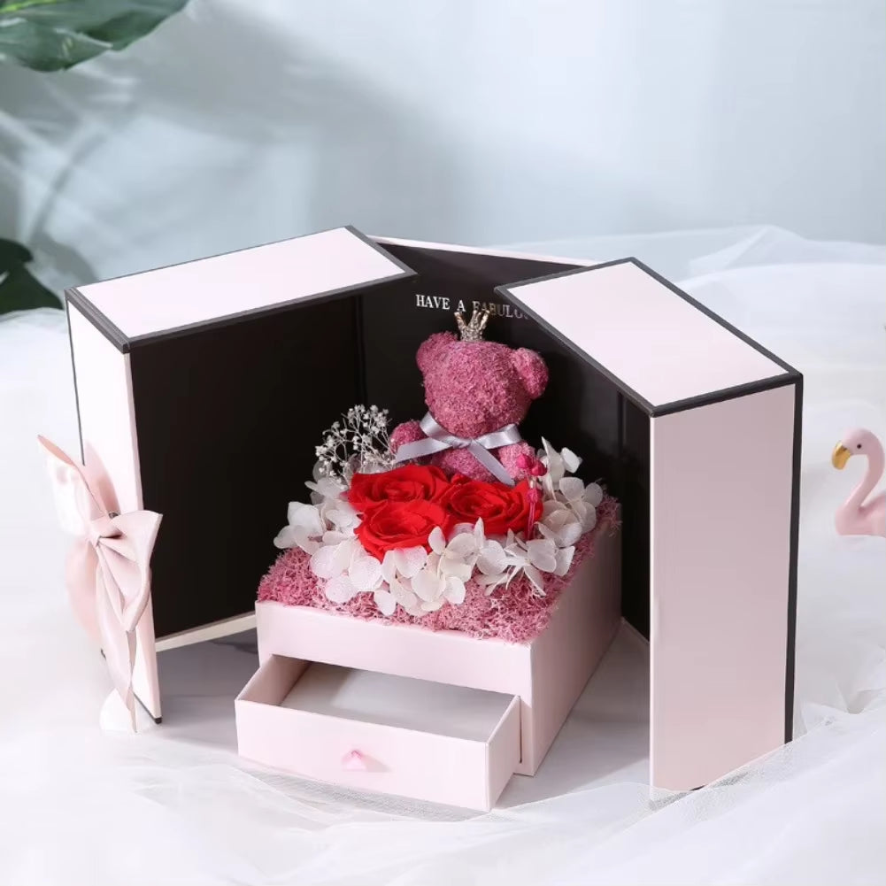Includes Storage - Perfect for Accessories Eternal Rose Bear Gift Box with Drawer Design Wedding Anniversary Valentine'S Day Birthday Flower Gifts for Her