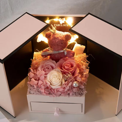 LED lights infused Eternal Rose Bear Gift Box with Drawer Design Wedding Anniversary Valentine'S Day Birthday Flower Gifts for Her