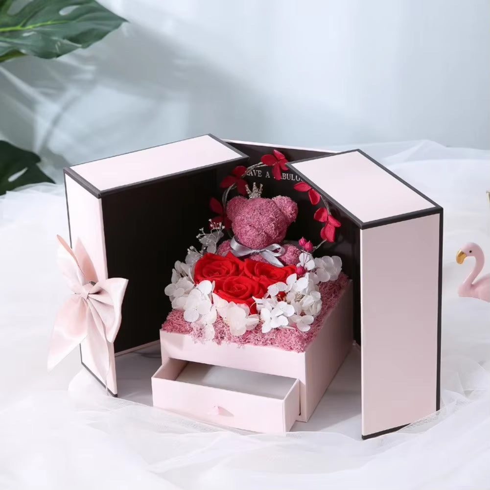 Eternal Rose Silver Crown Bear Gift Box with Drawer Design Wedding Anniversary Valentine'S Day Birthday Flower Gifts for Her