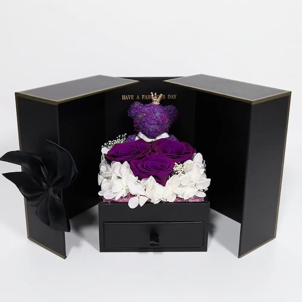 Eternal Rose Purple Bear Black Gift Box with Drawer Design Wedding Anniversary Valentine'S Day Birthday Flower Gifts for Her