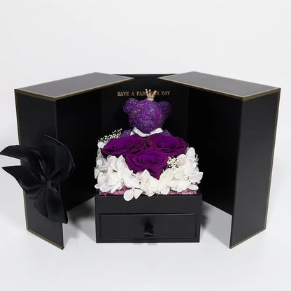Eternal Rose Purple Bear Black Gift Box with Drawer Design Wedding Anniversary Valentine'S Day Birthday Flower Gifts for Her