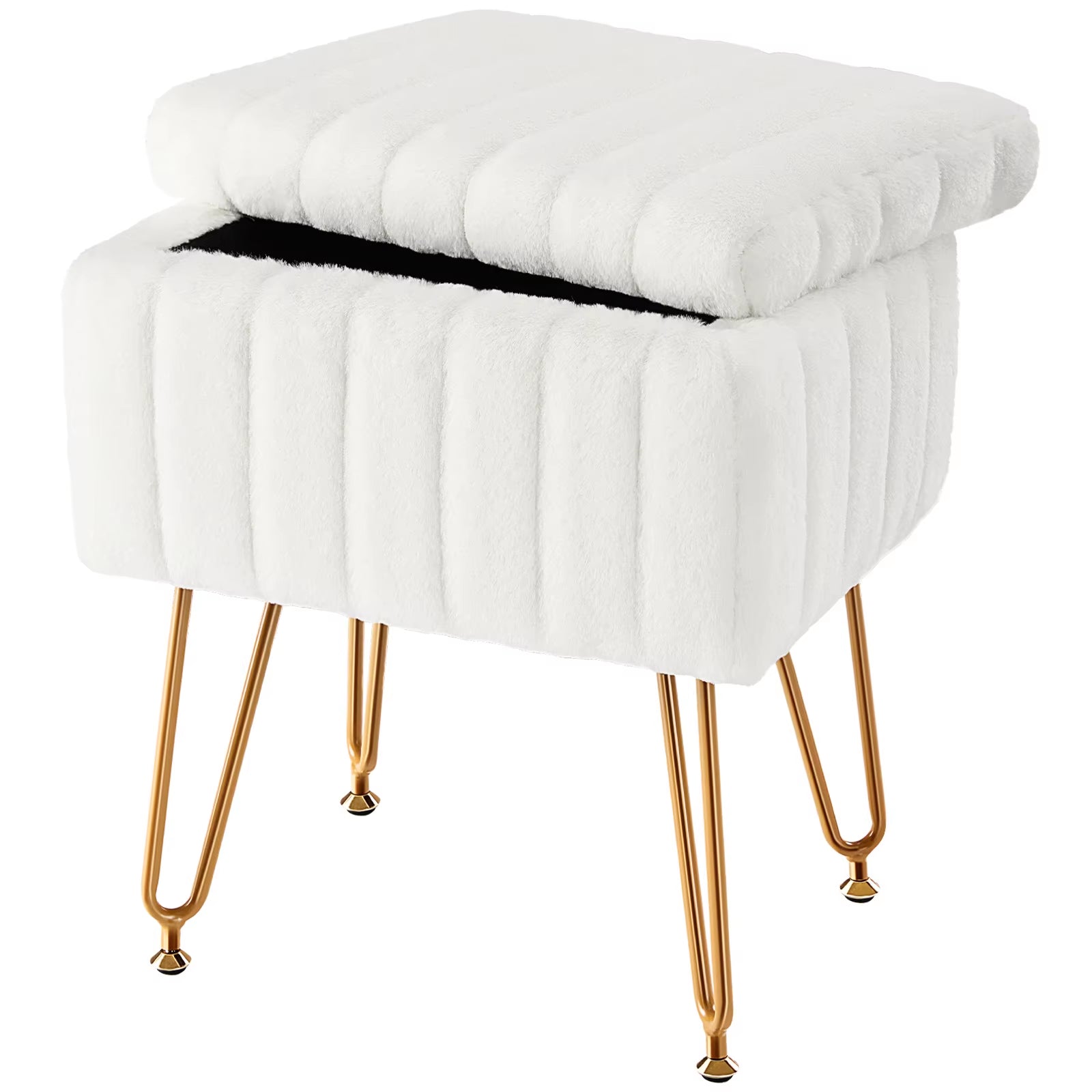 White Faux Fur Living Room Hidden Storage Stools & Ottomans Padded Makeup with 4 Metal Legs Anti-Slip Adjustable Feet for Home