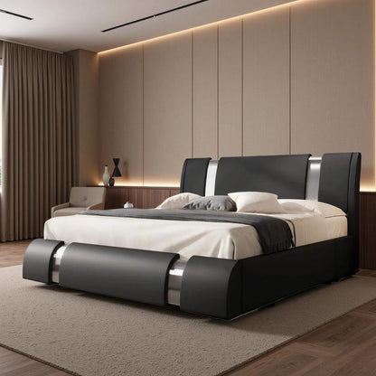 Smooth Finish Modern Faux Leather Platform Bed Frame with Adjustable Headboard - Queen/King Size, No Box Spring Needed, Stylish Iron Decor