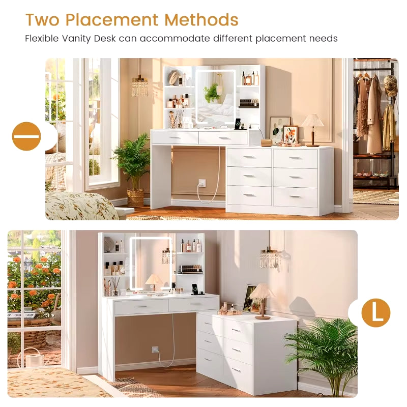 Two Placement Methods 
65.9'' Vanity Desk with LED Lighted Mirror;Power Outlet,Modern Corner Makeup Vanity Table 8 Drawers; Open Shelve, Dressing Table